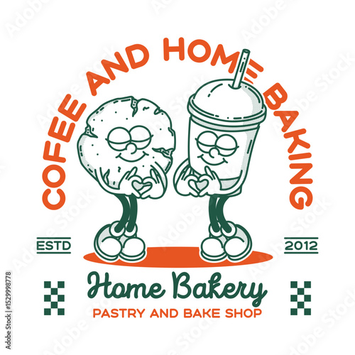 Bakery and coffee shop promo banner flyer signboard logo template. Retro cookie and coffe to go mascot
