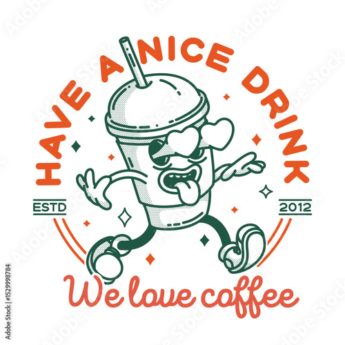 Coffee to go shop promo banner flyer signboard logo template. Retro coffe to go mascot