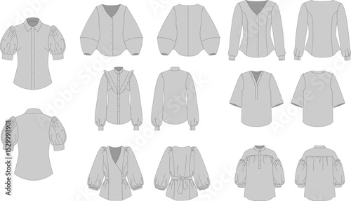 Large set of technical illustrations of women's blouses. Formal wear. Flat sketch, front and back view. Vector illustration, template. CAD layout.