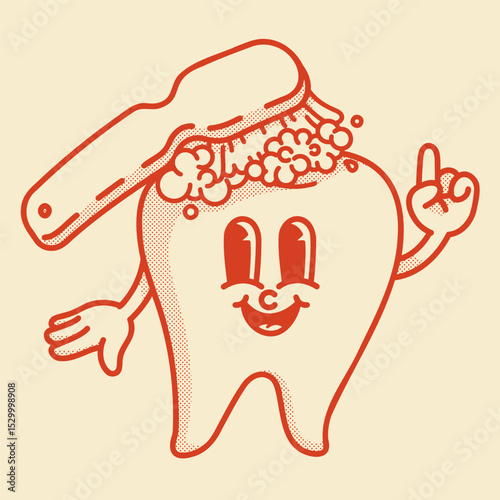 Smiling retro toothbrush cleans tooth with toothpaste mascot. Dentistry icon, dentist logo. Finger up