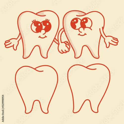 Smiling retro mascot. Couple of teeth holding hands. Dentistry icon, dentist logo.