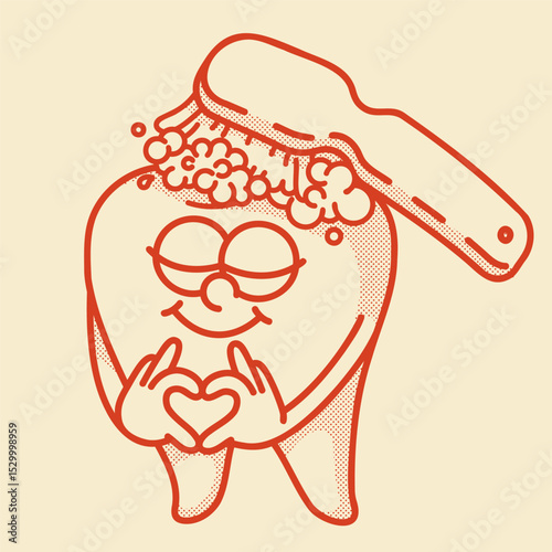 Smiling retro mascot.Toothbrush cleans tooth with toothpaste. Dentistry icon, dentist logo. Love gesture