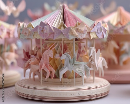 Delicate origami carousel in pastel colors.