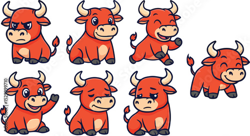 vector illustration of buffalo bull cow funny cute simple cartoon mascot character cartoon with 7 poses 02