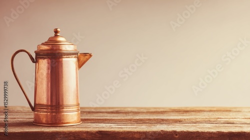 Antique copper coffeepot on a wooden surface. photo