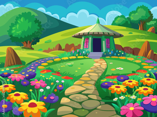 vector of A green plain where colorful flowers are in full swing and colorful carpets are laid out, the end of which goes to a stone hut.