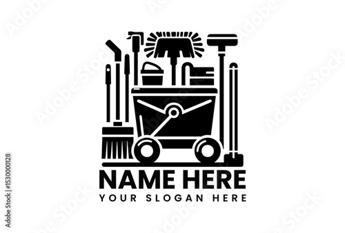 Comprehensive black vector logo of a janitorial cleaning cart filled with various supplies and tools. Cleaning service concept
