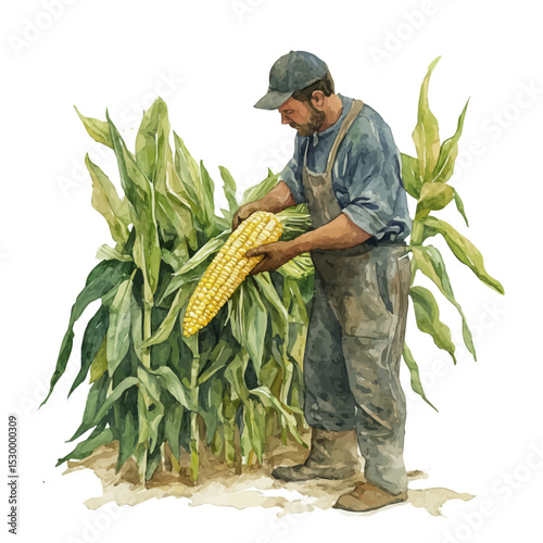 watercolor of Farmer Collecting Sweet Corn, vector, isolated on a white background.