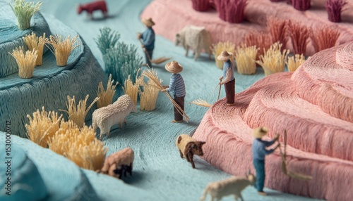Miniature landscape of farmers working in terraced fields.