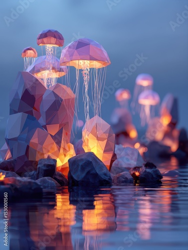 Illuminated jellyfish on polygonal rocks by a calm water.