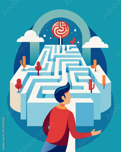 Each step the person takes in the mind maze feels like a step deeper into their subconscious revealing forgotten memories and hidden desires.. Vector illustration