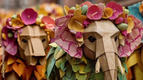 Colorful paper animals with floral headpieces.