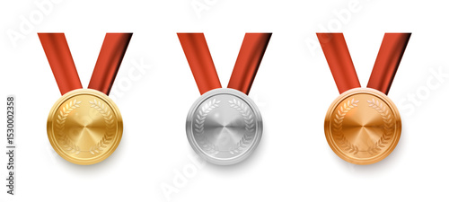 Golden silver and bronze medals with ribbon vector realistic set