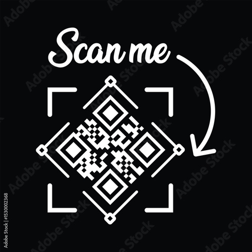 Minimalist white square QR code, slightly rotated within a white outline, centered on stark black background. Elegant cursive "Scan me" text above with curved white arrow pointing down. Clean, modern 