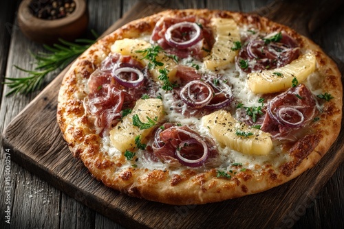 Tropical pizza topped with ham, pineapple, and onions, garnished with fresh herbs, served on a wooden board, showcasing vibrant colors and delicious textures in a cozy setting