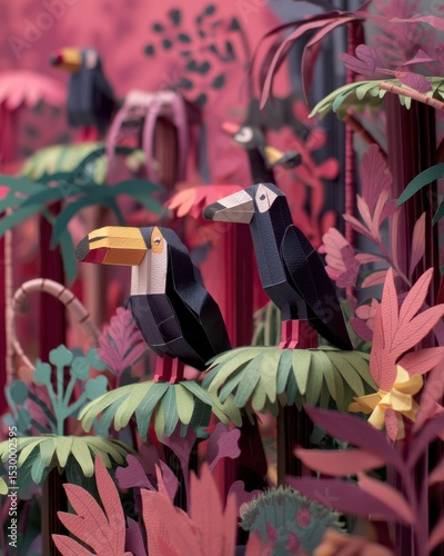 Colorful toucans perched amidst a vibrant paper jungle.
