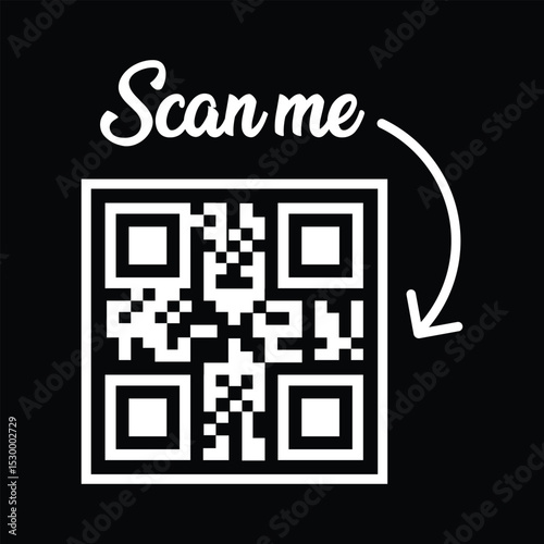 Minimalist white square QR code, slightly rotated within a white outline, centered on stark black background. Elegant cursive "Scan me" text above with curved white arrow pointing down. Clean, modern 