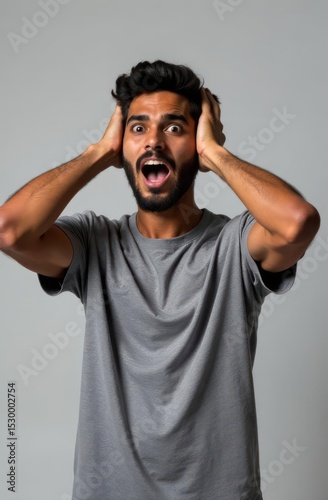 surprised middle eastern man with beard holding head with both hands, wide-eyed expression against neutral background. concept of shock or disbelief. portrait, emotional reaction, lifestyle content. photo