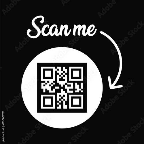 Minimalist white square QR code, slightly rotated within a white outline, centered on stark black background. Elegant cursive "Scan me" text above with curved white arrow pointing down. Clean, modern 