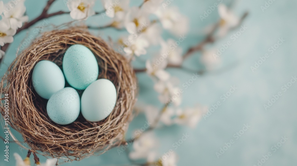 Obraz premium Beautiful blue eggs in a nest surrounded by delicate blossoms in springtime