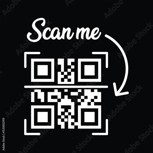Minimalist white square QR code, slightly rotated within a white outline, centered on stark black background. Elegant cursive "Scan me" text above with curved white arrow pointing down. Clean, modern 