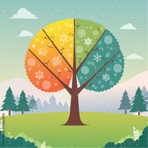 Seasons on One Tree – Each quarter showing a different season: snow, bloom, green leaves, fall colors.
