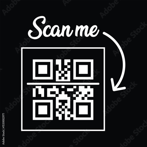 Minimalist white square QR code, slightly rotated within a white outline, centered on stark black background. Elegant cursive "Scan me" text above with curved white arrow pointing down. Clean, modern 