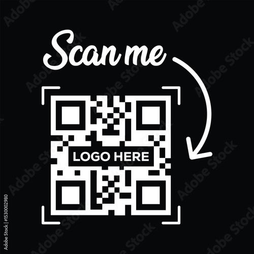 Minimalist white square QR code, slightly rotated within a white outline, centered on stark black background. Elegant cursive "Scan me" text above with curved white arrow pointing down. Clean, modern 
