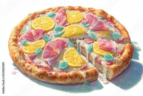 Tropical pizza topped with vibrant fruits, including lemons and pink flowers, showcasing a colorful and refreshing culinary creation with a unique flavor profile