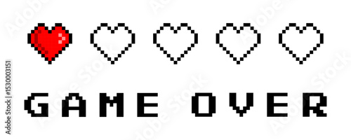 Game over with low health pixelated hearts illustration