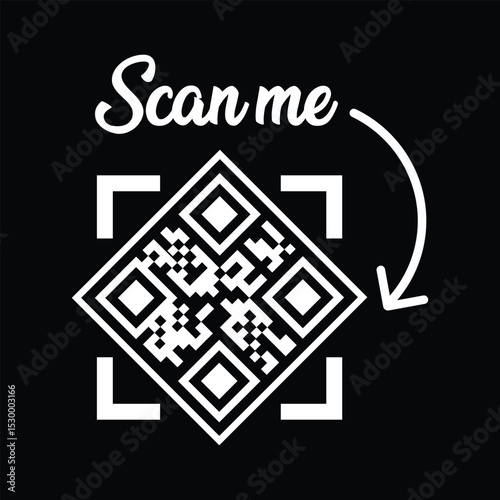 Minimalist white square QR code, slightly rotated within a white outline, centered on stark black background. Elegant cursive "Scan me" text above with curved white arrow pointing down. Clean, modern 