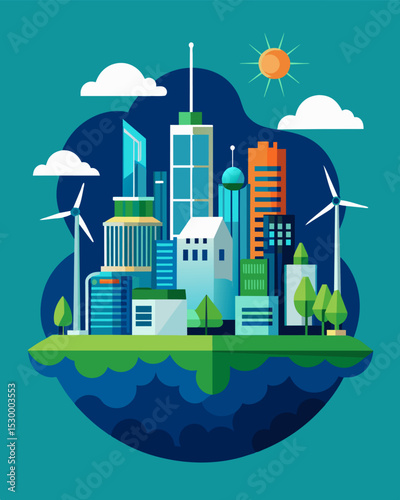 A futuristic city with buildings made from sustainable materials and powered by renewable energy sources.. Vector illustration