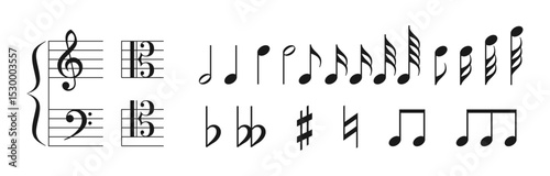 Musical notes vector flat symbols set. Music notation black icon collection