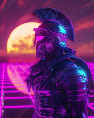 Neon 1980's sythwave Roman gladiator centurion in glowing armour