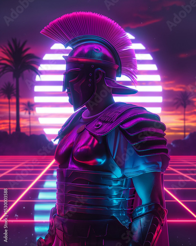 Neon 1980's sythwave Roman gladiator centurion in glowing armour