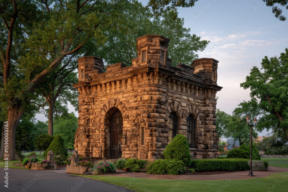 Fototapeta premium Stone structure in a park setting at dawn.
