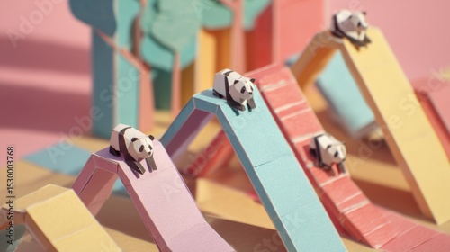 Playful pandas navigate colorful paper slides.