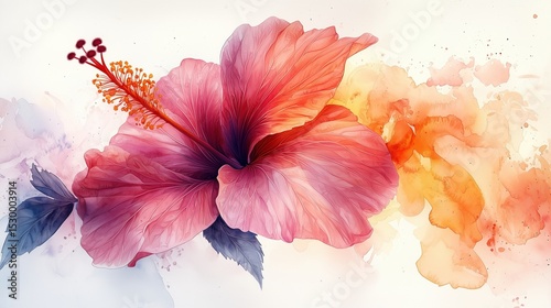 A vivid hot pink and tangerine hibiscus flower in a beautiful watercolor style, with artistic splashes of color extending from its delicate petals, set against a clean white background.