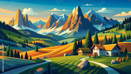 A beautiful landscape from Santa Maddalena captures the breathtaking Italian Dolomites. Alpine cottages, winding paths, and dramatic cliffs merge in perfect harmony for stunning natural design.