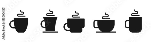 Cup with hot drink flat vector icon set. Tea and coffee mug with steam symbols