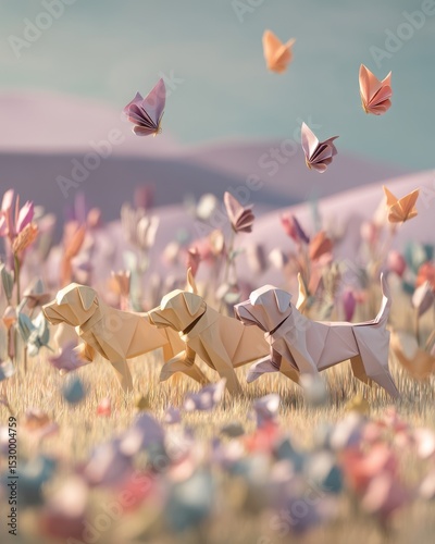 Origami dogs and butterflies in a field of flowers.