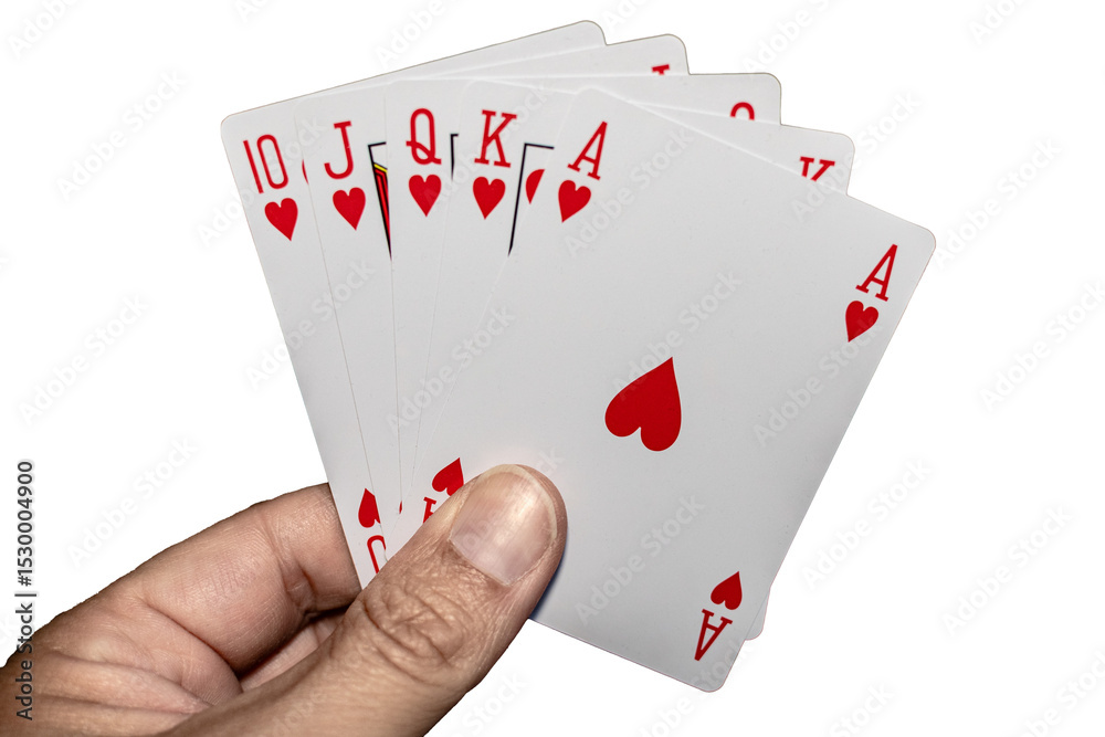 Obraz premium Poker hand holding cards forming a royal flush combination.