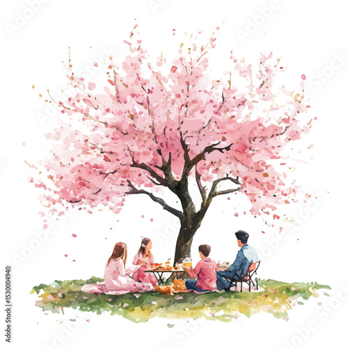 Families Picnic Under Blossoms, watercolor painting vector, isolated on a white background.
