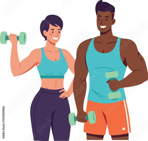 Fit man and woman lifting dumbbells exercising together for healthy lifestyle and fitness training vector illustration 