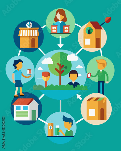A company implementing a sharing economy model where products and services are shared a community members reducing the need for excess consumption and waste.. Vector illustration