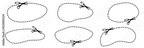 Set of streamlined templates for coupons or stickers. Dashed black line, dotted line with scissors. Vector set of irregular shaped frames for discounts, scrapbook and design.