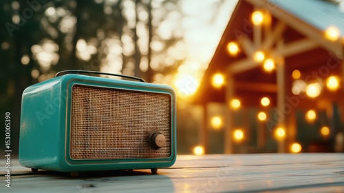 A retro-styled turquoise radio sits on a wooden table, radiating a nostalgic vibe amidst a warm outdoor setting filled with twinkling lights, creating a cozy atmosphere.