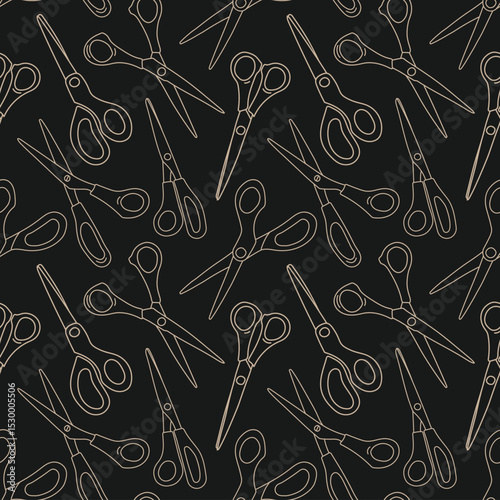 Seamless pattern of outline scissors for paper or sewing. Doodle background of hand-drawn stationery items. Vector background of sewing supplies for educational materials and Back to School theme