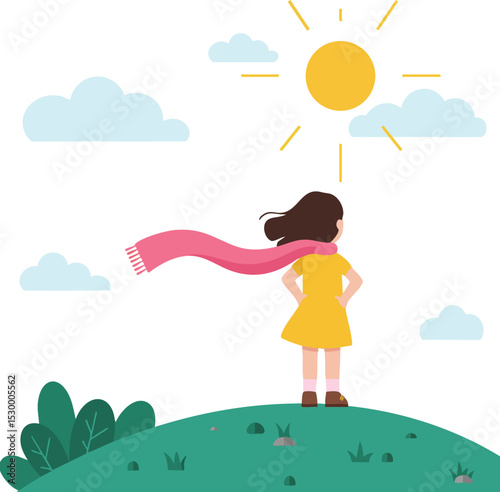 Girl standing on green hill wearing yellow dress and pink scarf under sunny sky vector illustration 
