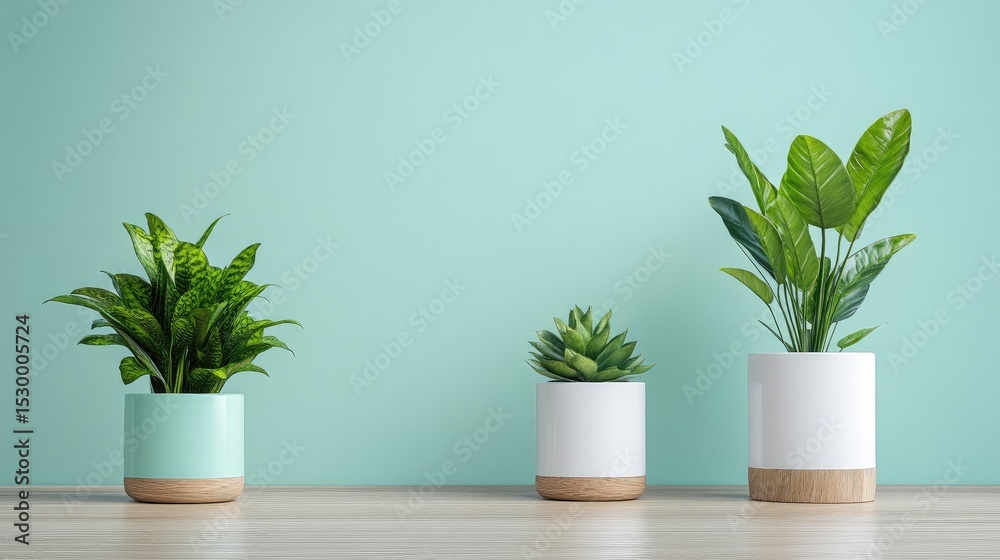 Fototapeta premium Three potted plants against a mint-green wall. Simple, modern aesthetic